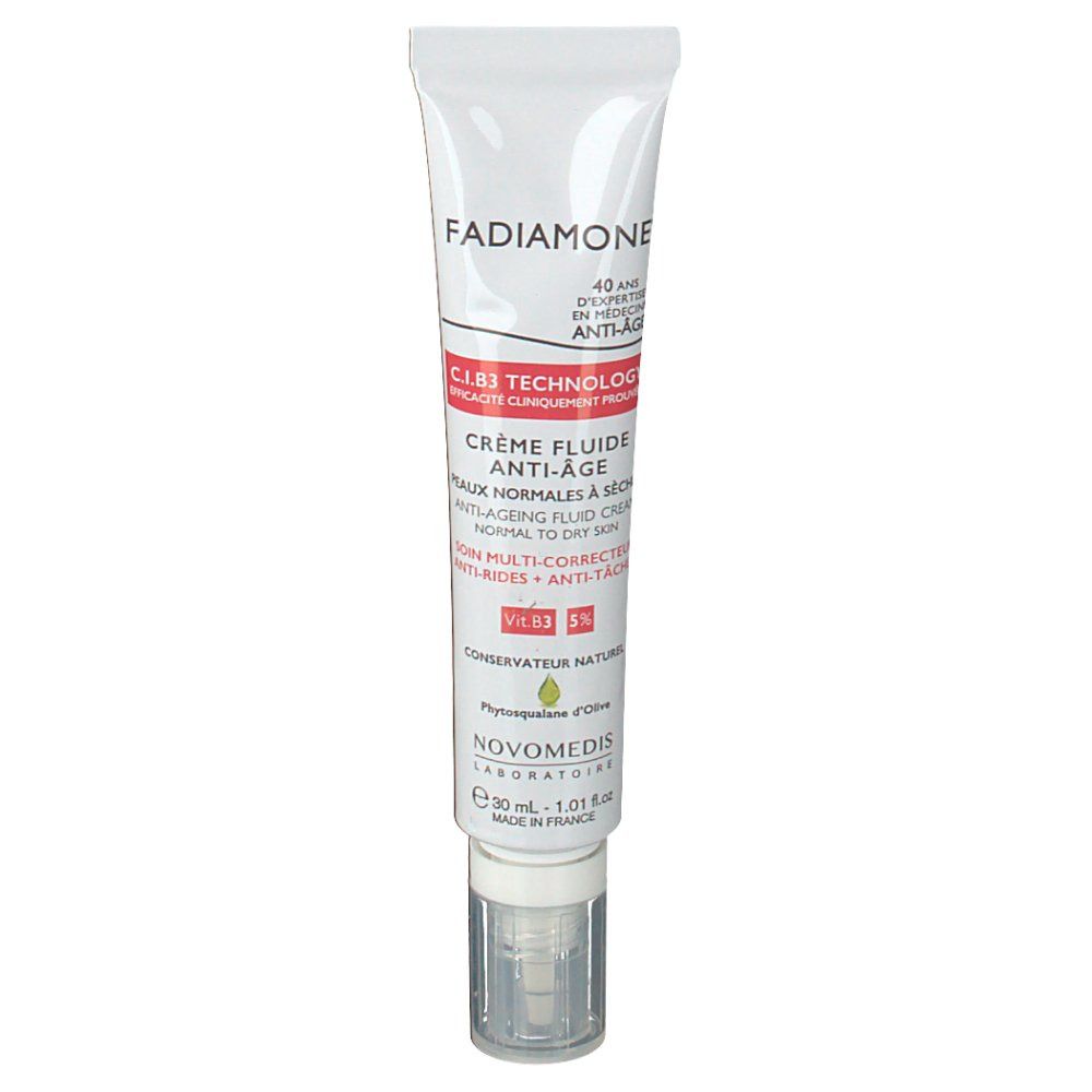 Weiße Tube mit Fadiamone® Aufschrift. Enthält Flüssigkeitscreme. Mit Dosierpumpe. Text in Französisch.