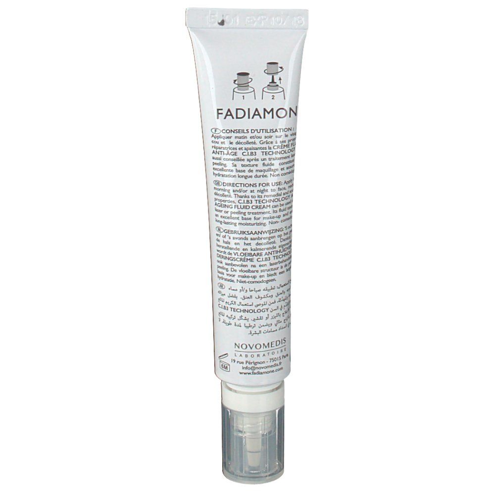 Weiße Tube mit Fadiamone® Aufschrift. Text in Französisch. Mit Dosierpumpe.