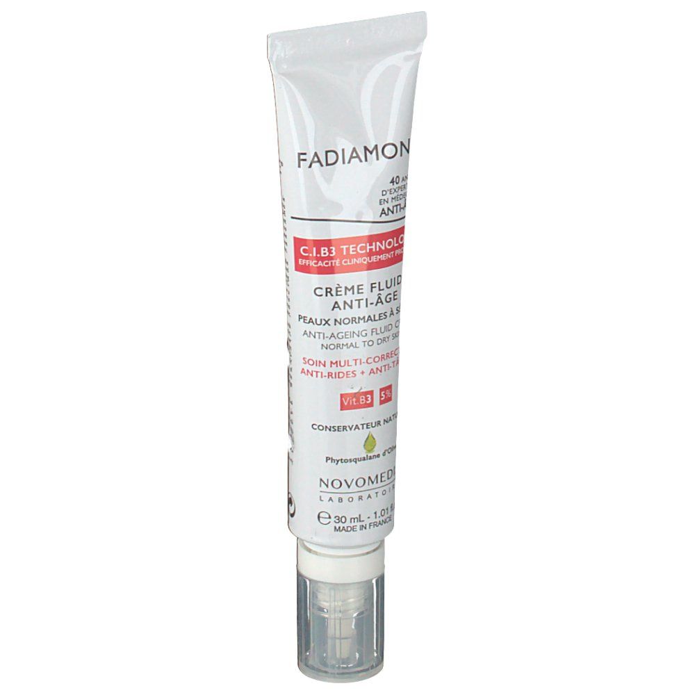 Weiße Tube mit Fadiamone® Aufschrift. Flüssigkeitscreme. Mit Dosierpumpe. Text in Französisch.