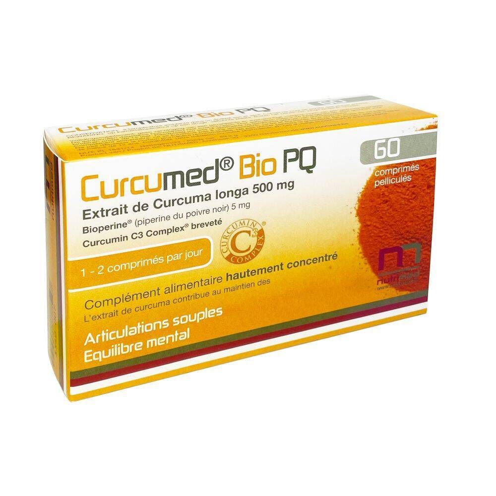 Boîte de Curcumed® Bio PQ avec 60 comprimés. Ingrédients : Curcuma longa 500 mg, Bioperine, Curcumin C3 Complex. Dosage : 1-2 comprimés par jour.