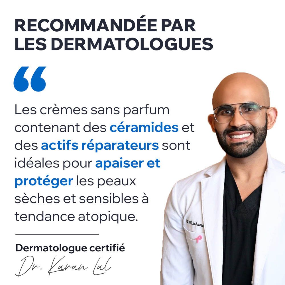 Dermatologue certifié Dr. Kavan Lal. Texte sur la crème.