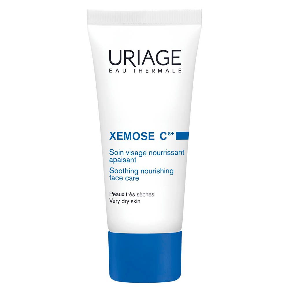 Creme-Tube mit blauem Streifen. Text: Uriage, Xémose C+, Soin visage nourrissant apaisant. Für sehr trockene Haut.