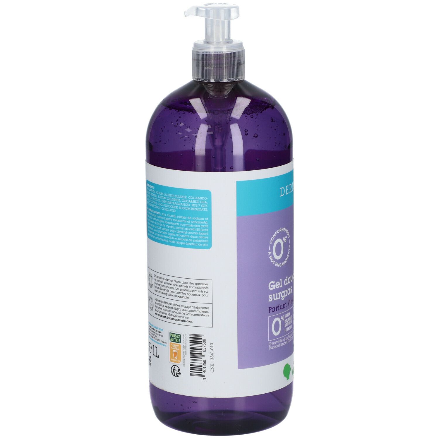 Rückseite der lila Duschgelflasche. Text in mehreren Sprachen. Mit Spender. Label mit Inhaltsstoffen.