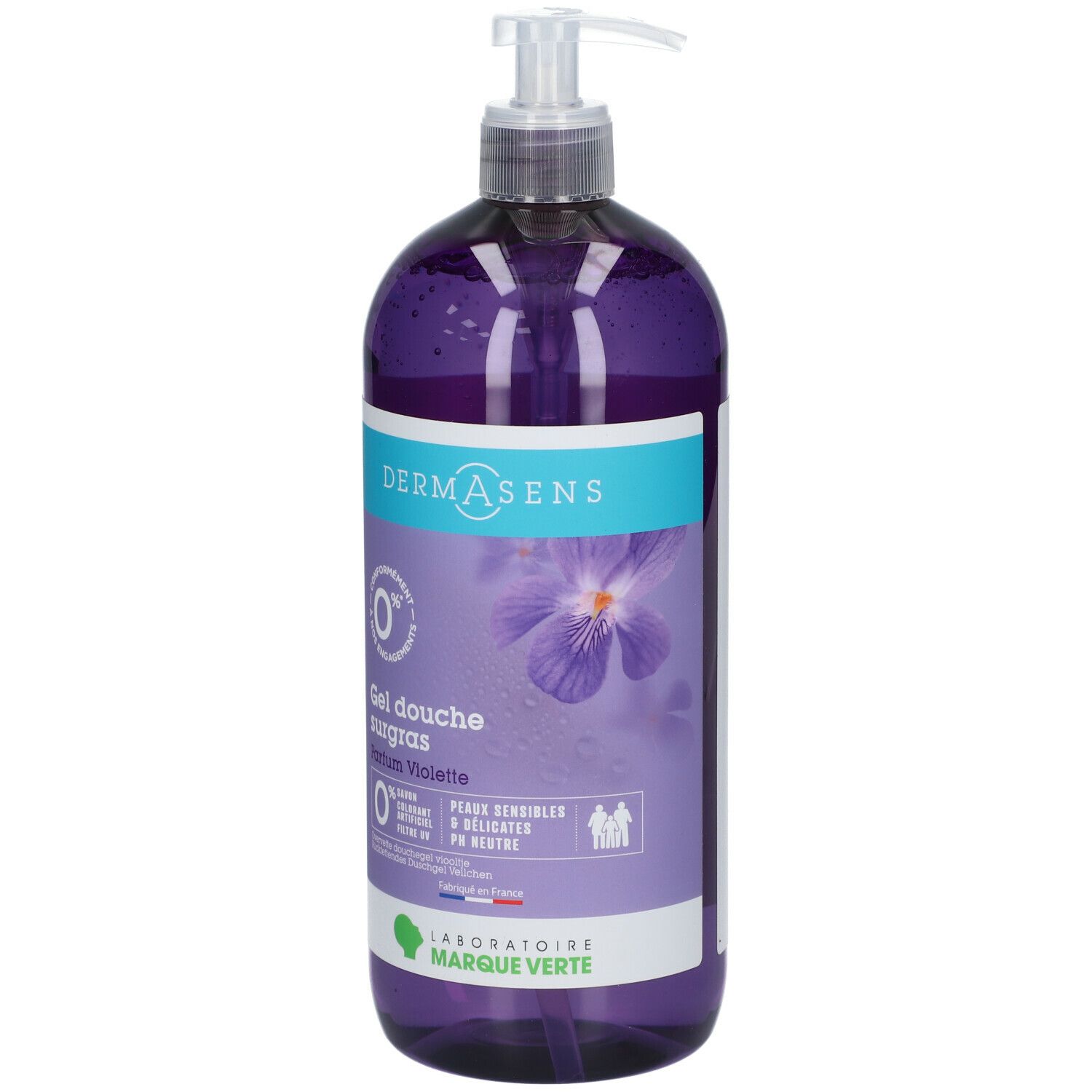 Flasche mit lila Duschgel. Aufschrift: DermAsens, Gel douche surgras, Parfum Violette. Mit Spender.