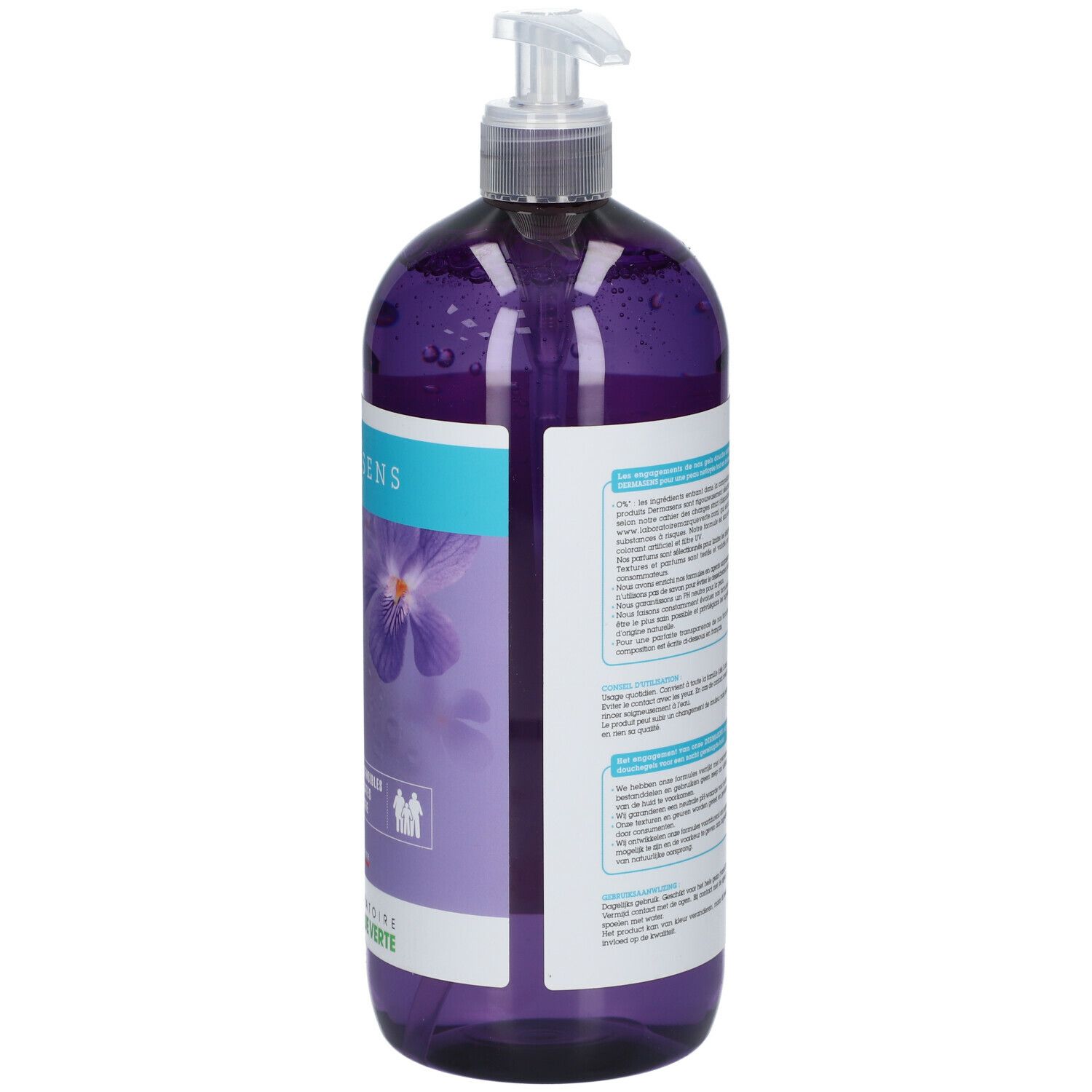 Rückseite der lila Duschgelflasche. Text in mehreren Sprachen. Mit Spender. Label mit Inhaltsstoffen.
