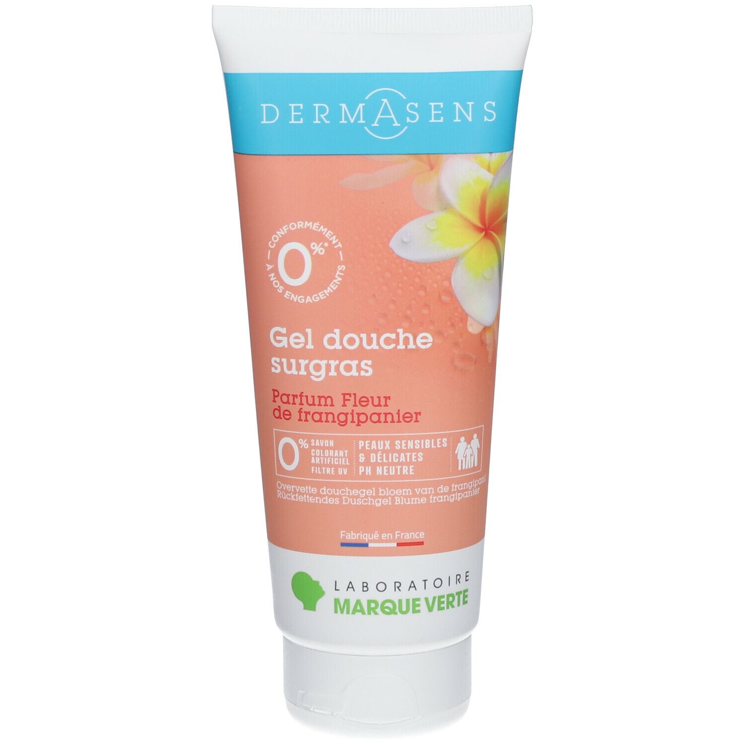Tube Duschgel, rosa-weiß. Text: Gel douche surgras, Parfum Fleur de frangipanier. Logo: Laboratoire Marque Verte.