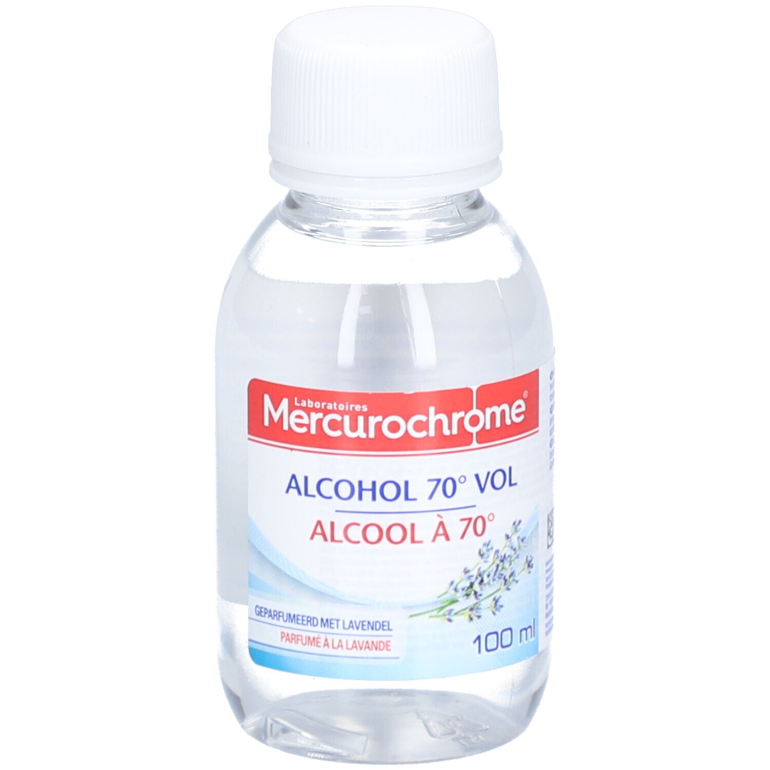 Flasche mit klarer Flüssigkeit und weißem Verschluss. Aufschrift: Mercurochrome ALCOOL 70° VOL. Mit Lavendelduft.