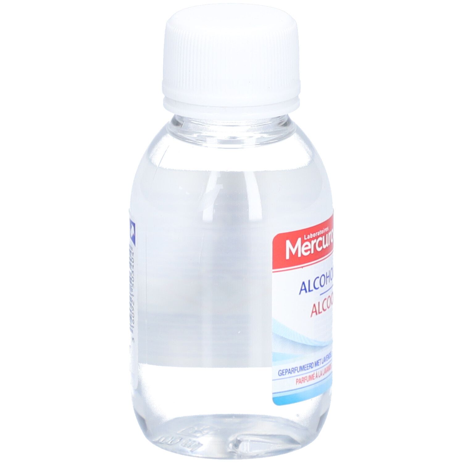 Flasche mit klarer Flüssigkeit und weißem Verschluss. Aufschrift: Mercurochrome ALCOOL 70° VOL. Etikett mit Text.