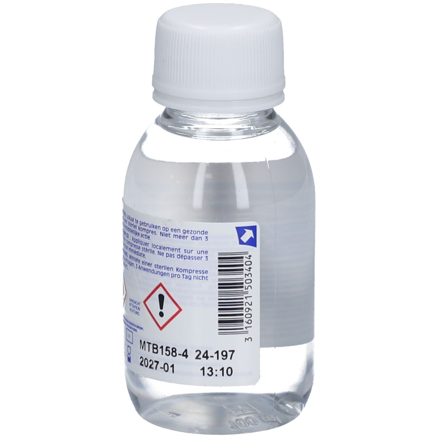 Flasche mit klarer Flüssigkeit und weißem Verschluss. Etikett mit Warnsymbolen und Text. Aufschrift: MTB158-4.