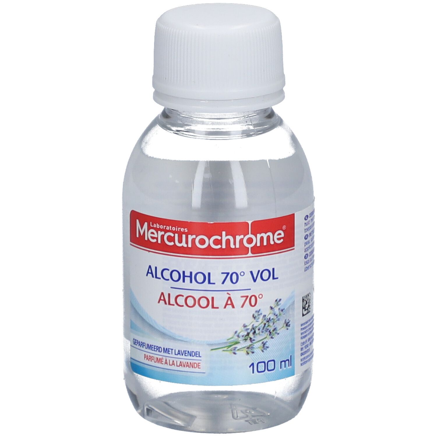 Klare Flüssigkeit in einer Flasche mit weißem Verschluss. Aufschrift: Mercurochrome ALCOOL À 70° VOL. Mit Lavendelduft.