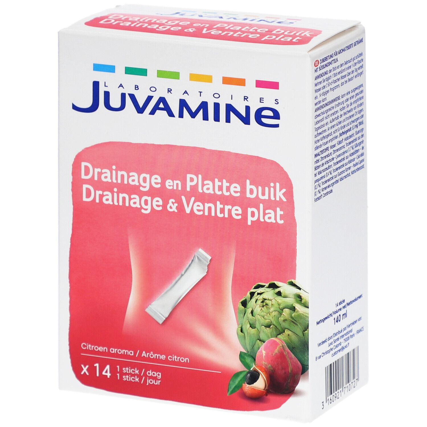 Boîte Juvamine. Drainage & Ventre plat. 14 sticks. Illustration d'un ventre et d'un stick.