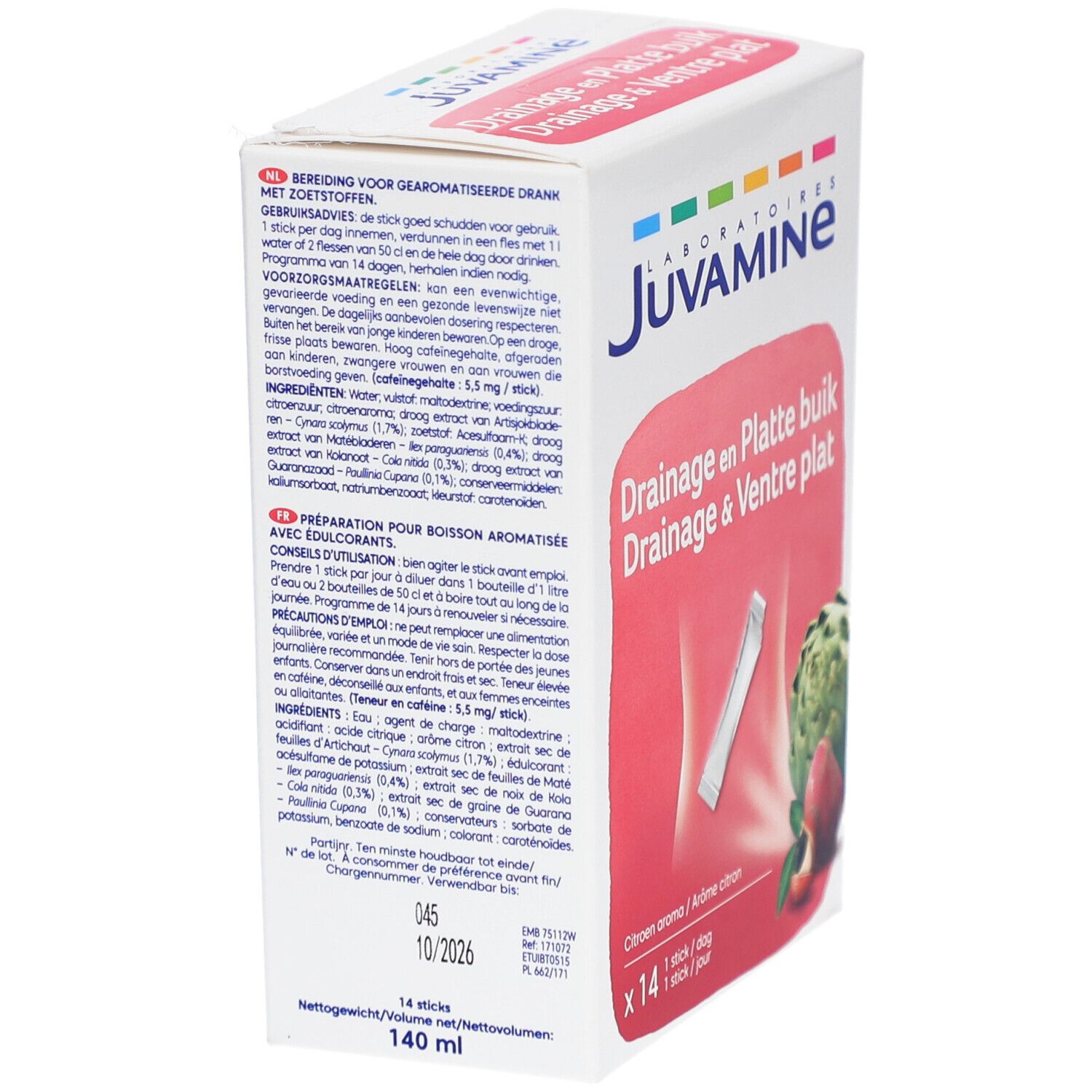 Boîte Juvamine. Drainage & Ventre plat. 14 sticks. Texte en plusieurs langues.