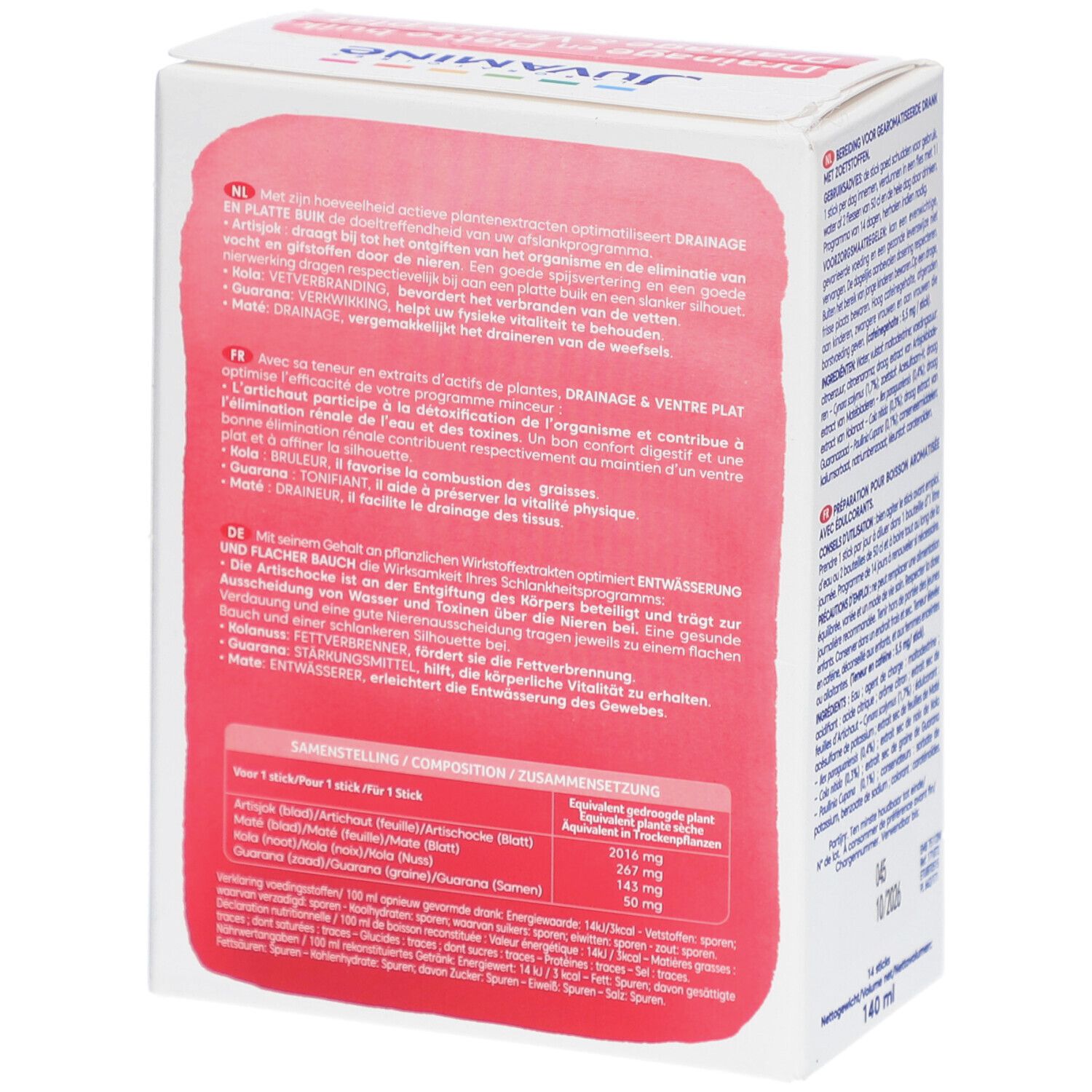 Boîte Juvamine. Drainage & Ventre plat. 14 sticks. Texte en plusieurs langues.