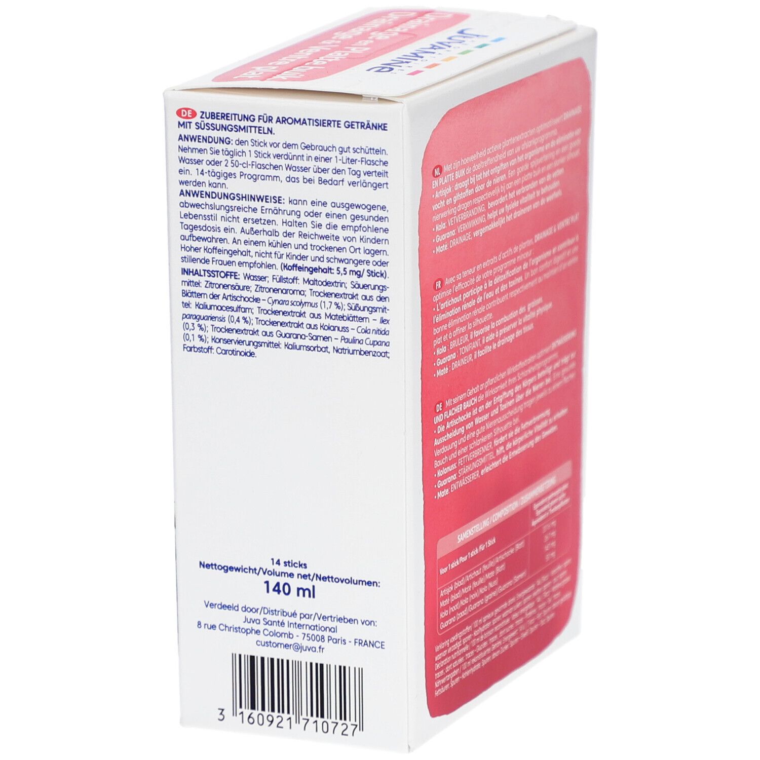 Boîte Juvamine. Drainage & Ventre plat. 14 sticks. Texte en plusieurs langues.