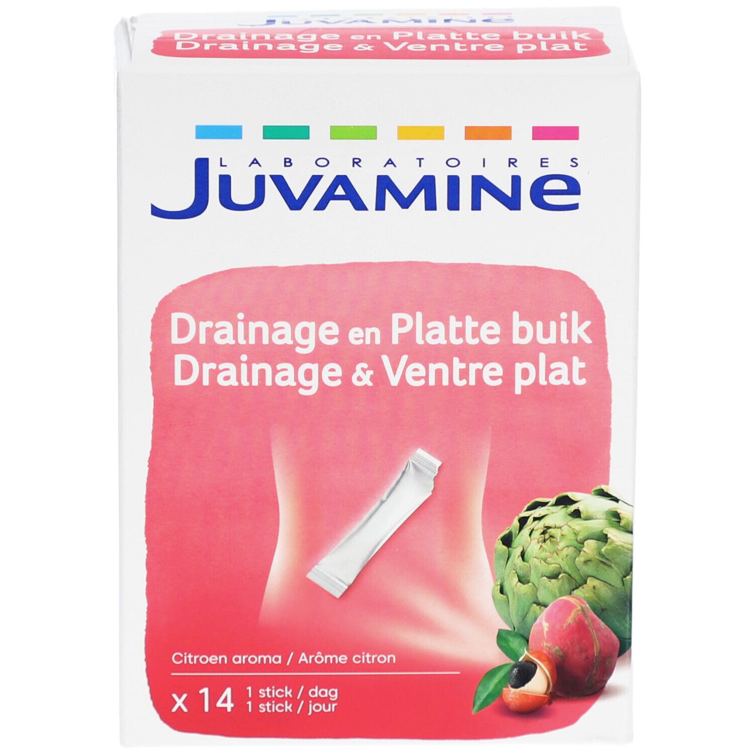 Boîte Juvamine. Drainage & Ventre plat. 14 sticks. Illustration d'un ventre et d'un stick.