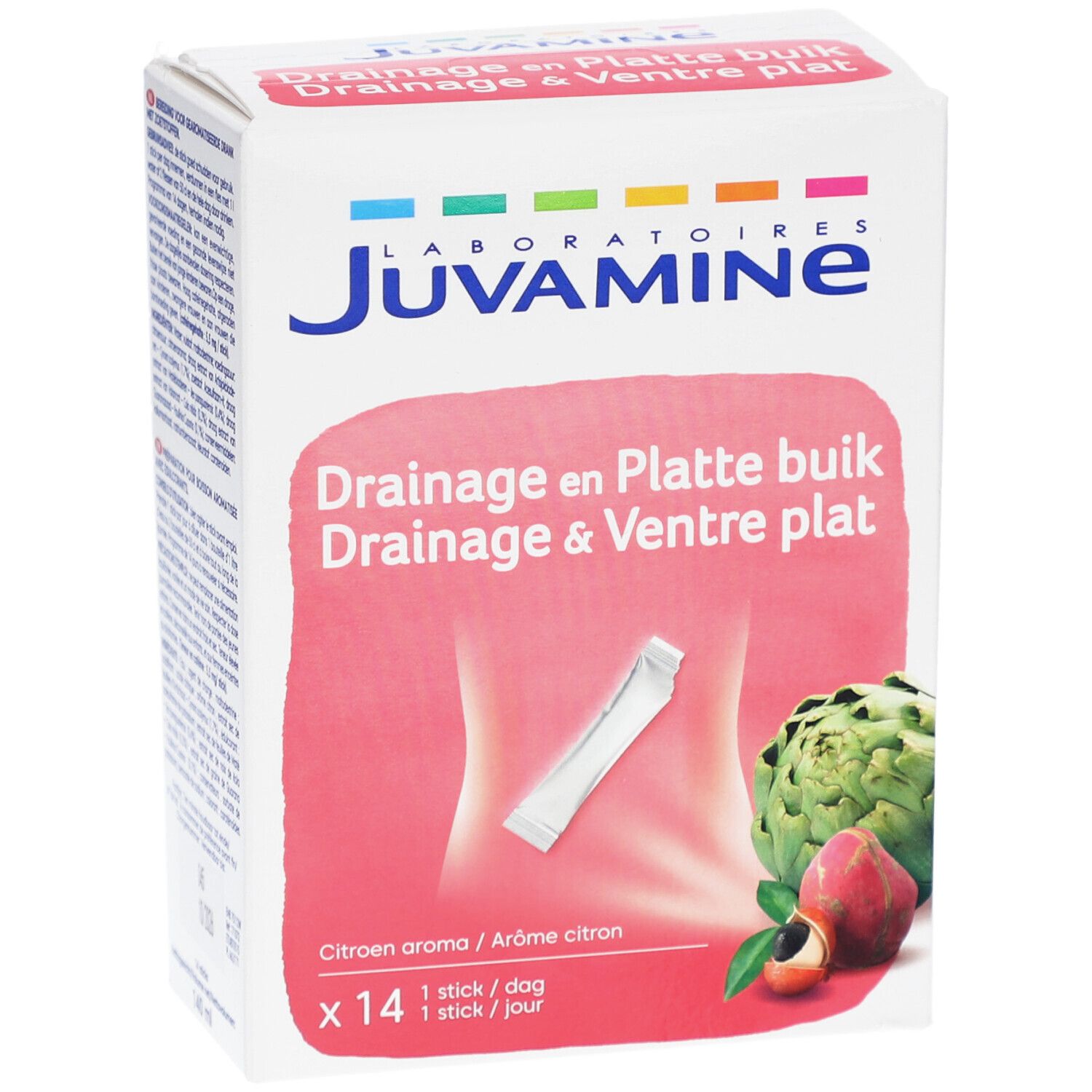Boîte Juvamine. Drainage & Ventre plat. 14 sticks. Illustration d'un ventre et d'un stick.