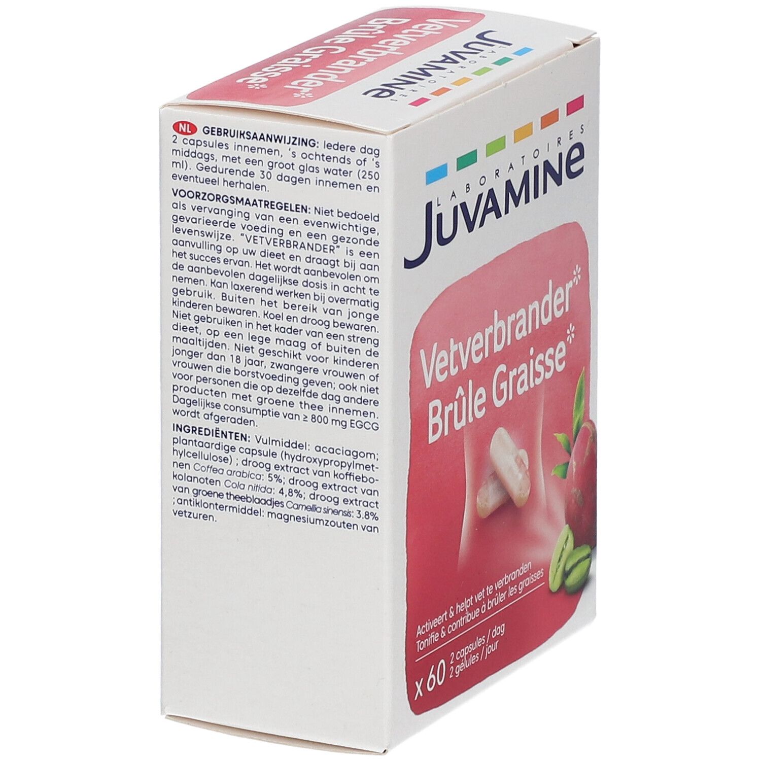 Boîte Juvamine Vetverbrander* Brûle Graisse*. Texte, gélules et fruit.