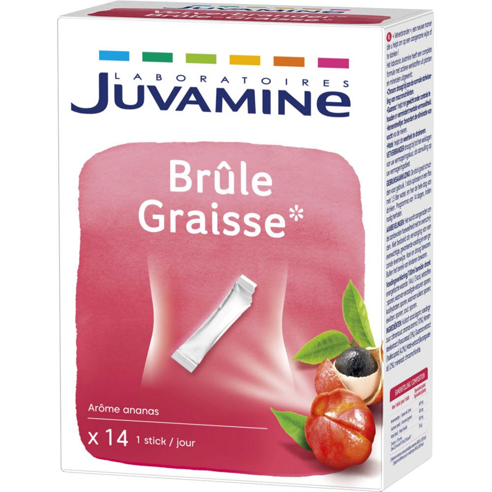 Schachtel Juvamine Fettverbrenner Sticks. Text: Brûle Graisse, Aroma Ananas, x14 Sticks. Abbildung: Frucht, Stick.
