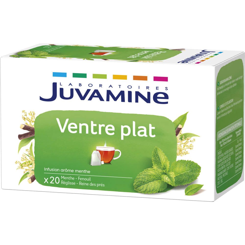 Juvamine Ventre plat Tee-Verpackung. Weißer Karton mit grünem Feld, Kräuterabbildung und Produktnamen. 20 Beutel.