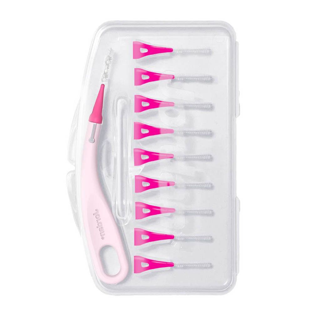 Interdentalbürsten in einer transparenten Box. Rosa Griff, rote Bürstenköpfe. Größe S (0,4 mm).