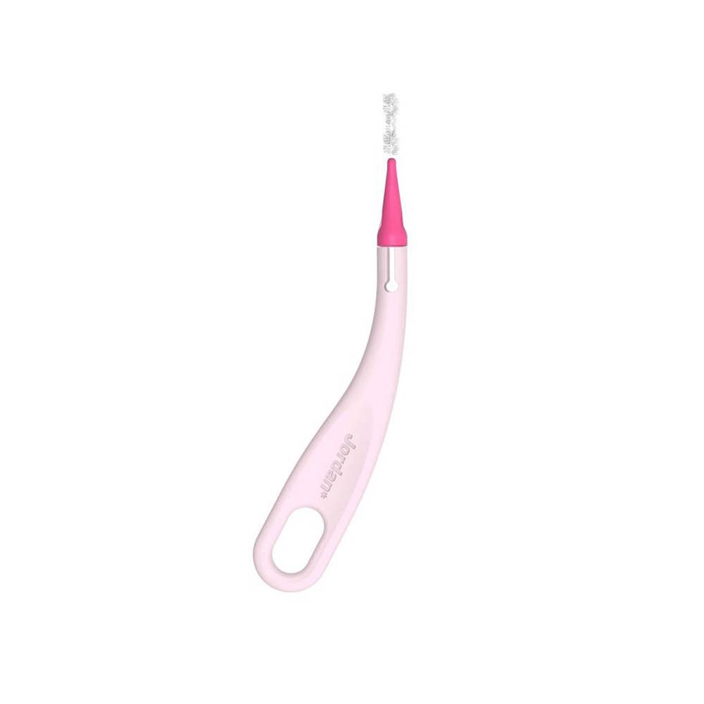 Jordan Interdentalbürste, Größe S (0,4 mm). Rosa Griff mit rosa Bürstenkopf. Einzelne Bürste.