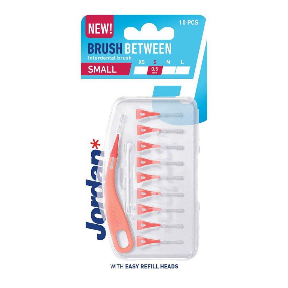 Interdentale Bürste mit rotem Griff und Borsten. Größe S (0,5 mm). Marke Jordan. In transparenter Verpackung.