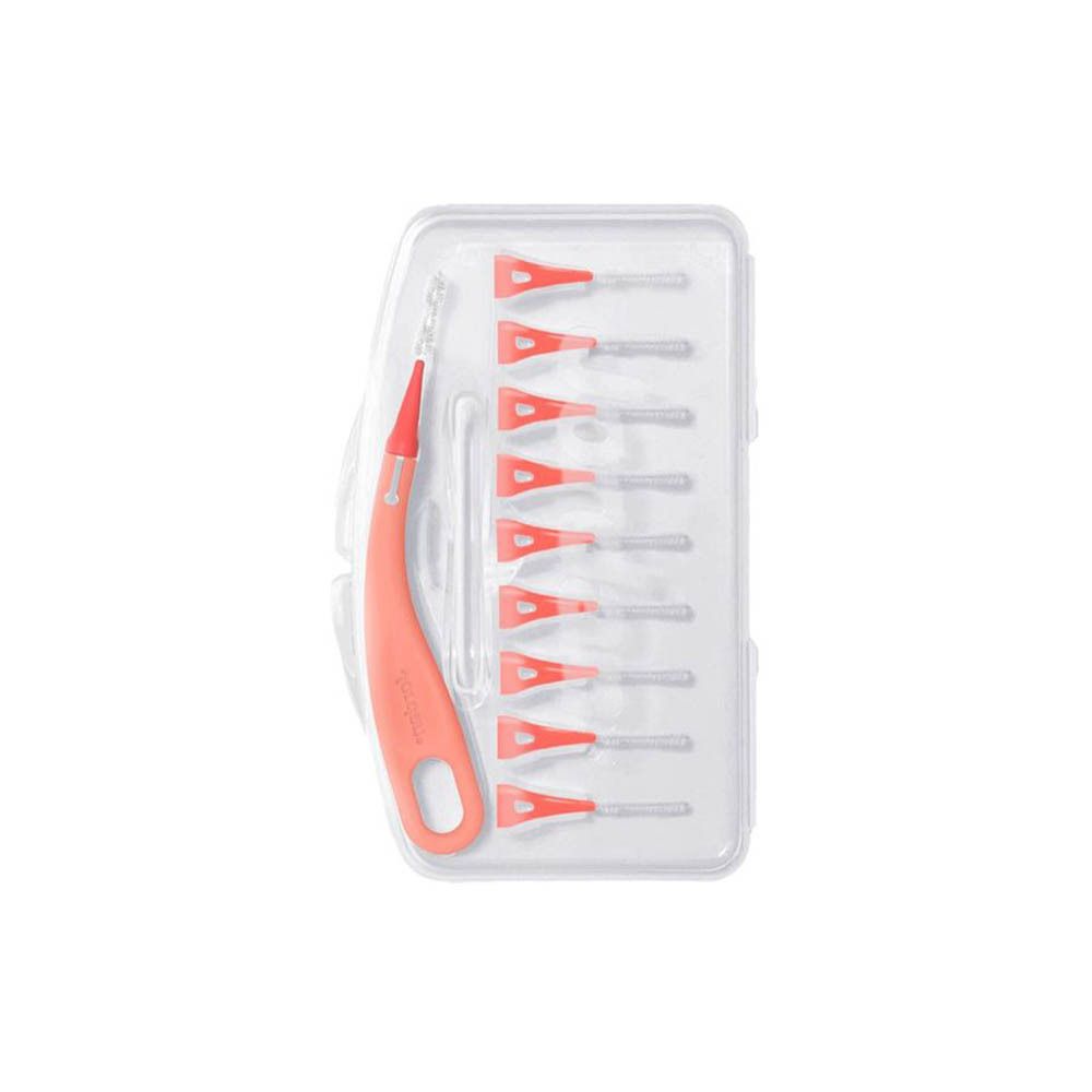 Verpackung mit interdentalen Bürsten. Roter Griff, transparente Verpackung. Größe S (0,5 mm). Marke Jordan.
