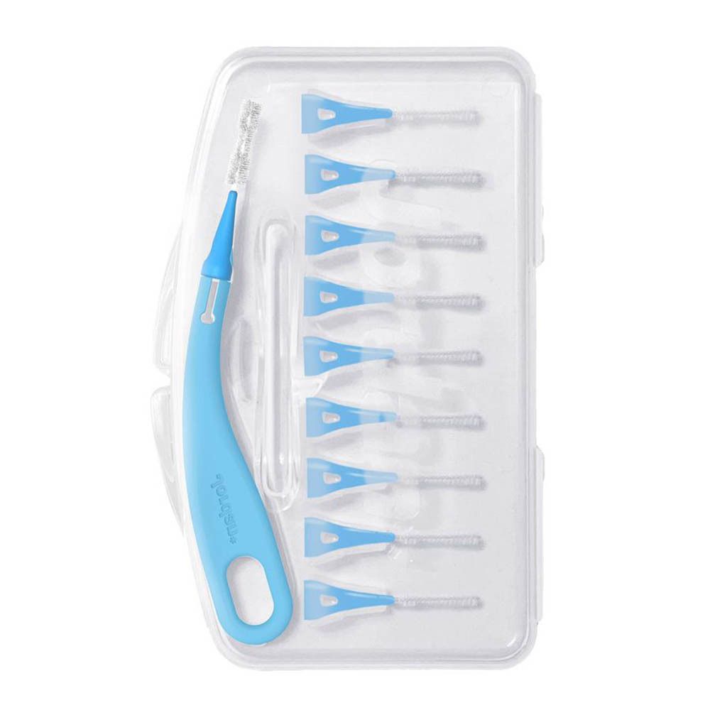 Zahnbürste Brush Between, blau, mit 10 Ersatzbürsten in einer transparenten Verpackung. Jordan-Logo sichtbar.