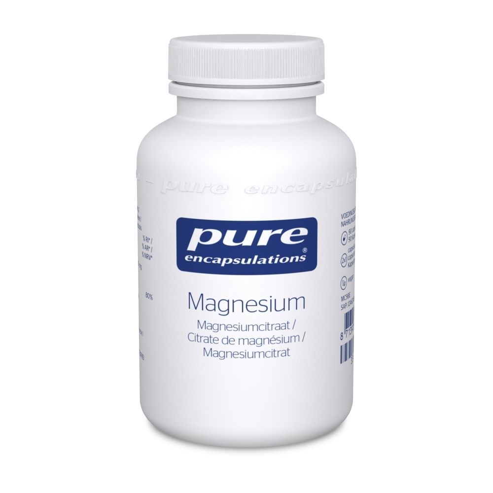 Flacon blanc avec étiquette bleue. Inscription: pure encapsulations® Magnesium. Contient du citrate de magnésium.