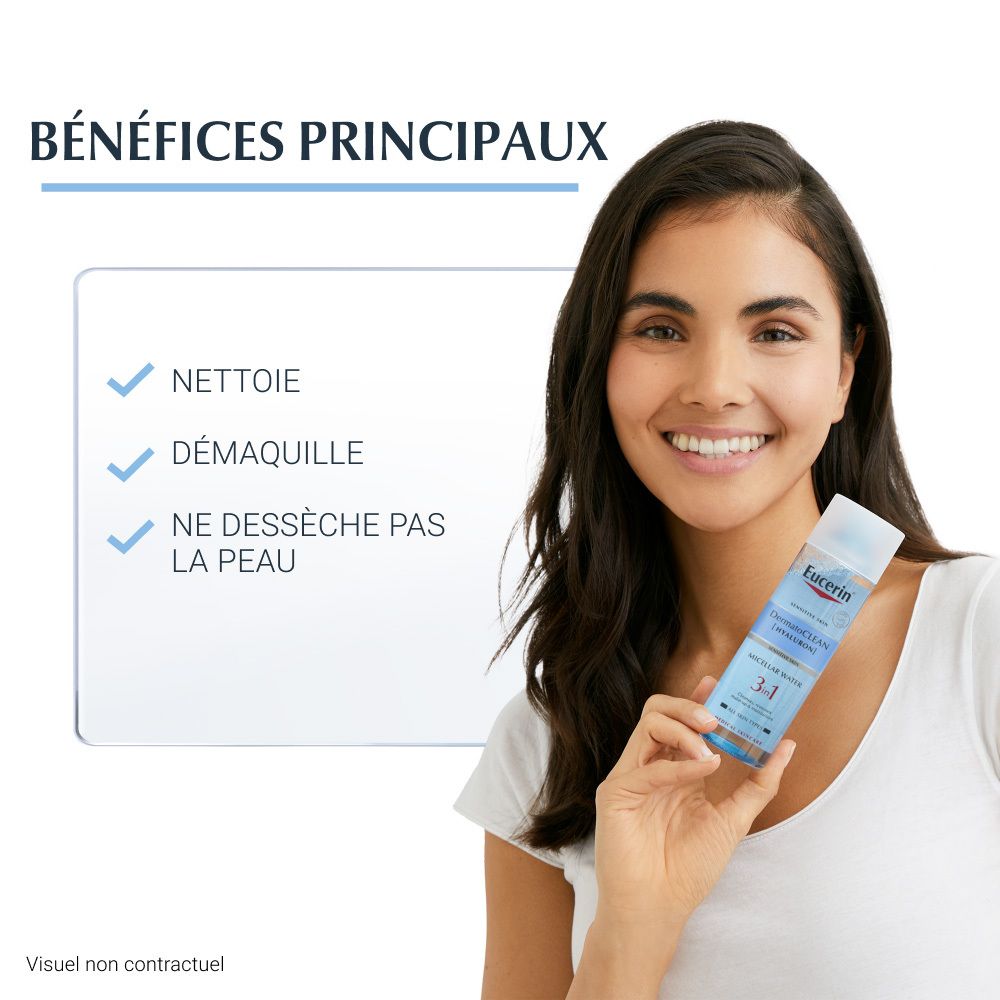 Frau hält Eucerin DermatoCLEAN Mizellen Reinigungsfluid. Produktetikett mit 3in1-Angabe. Text: Reinigt, entfernt Make-up, trocknet die Haut nicht aus.