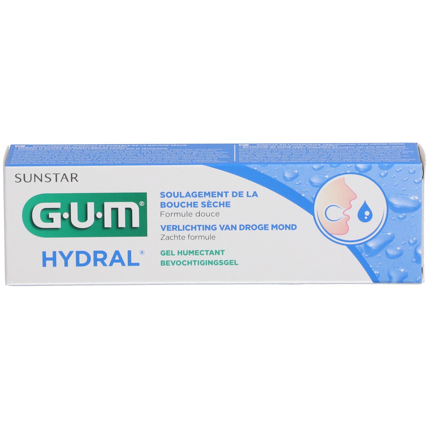 GUM Hydral Schachtel. Text: Dry Mouth Relief, Logo, Produktname. Blau-weißes Design.