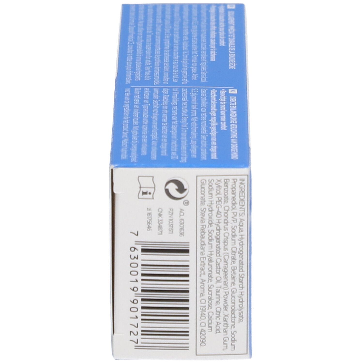 Rückseite der GUM Hydral Schachtel. Inhaltsstoffe, Barcode, Herstellerinformationen.