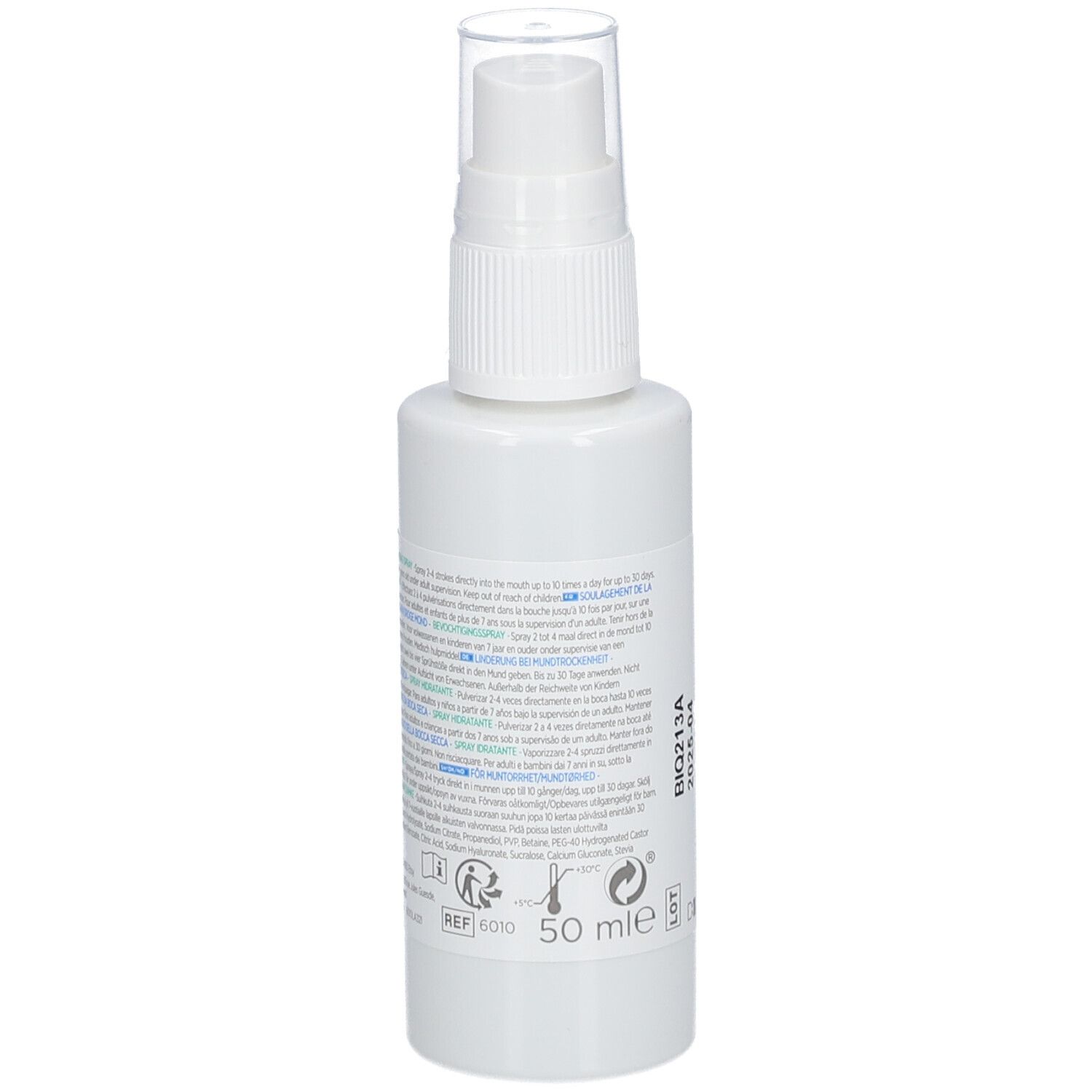 Weißes Sprayfläschchen mit Sprühkopf. Aufkleber mit Text. 50 ml. Aufschrift G.U.M HYDRAL. CE-Zeichen.