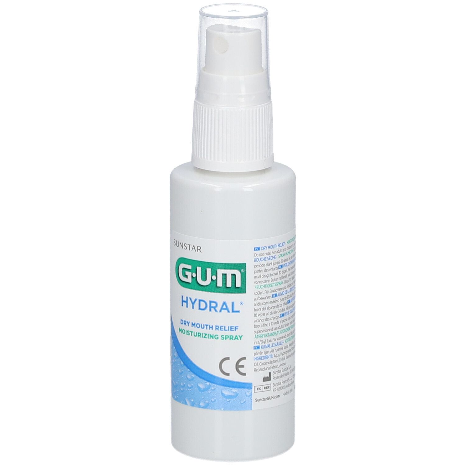 Weißes Sprayfläschchen mit Sprühkopf. Aufschrift G.U.M HYDRAL, Dry Mouth Relief, Moisturizing Spray. CE-Zeichen.