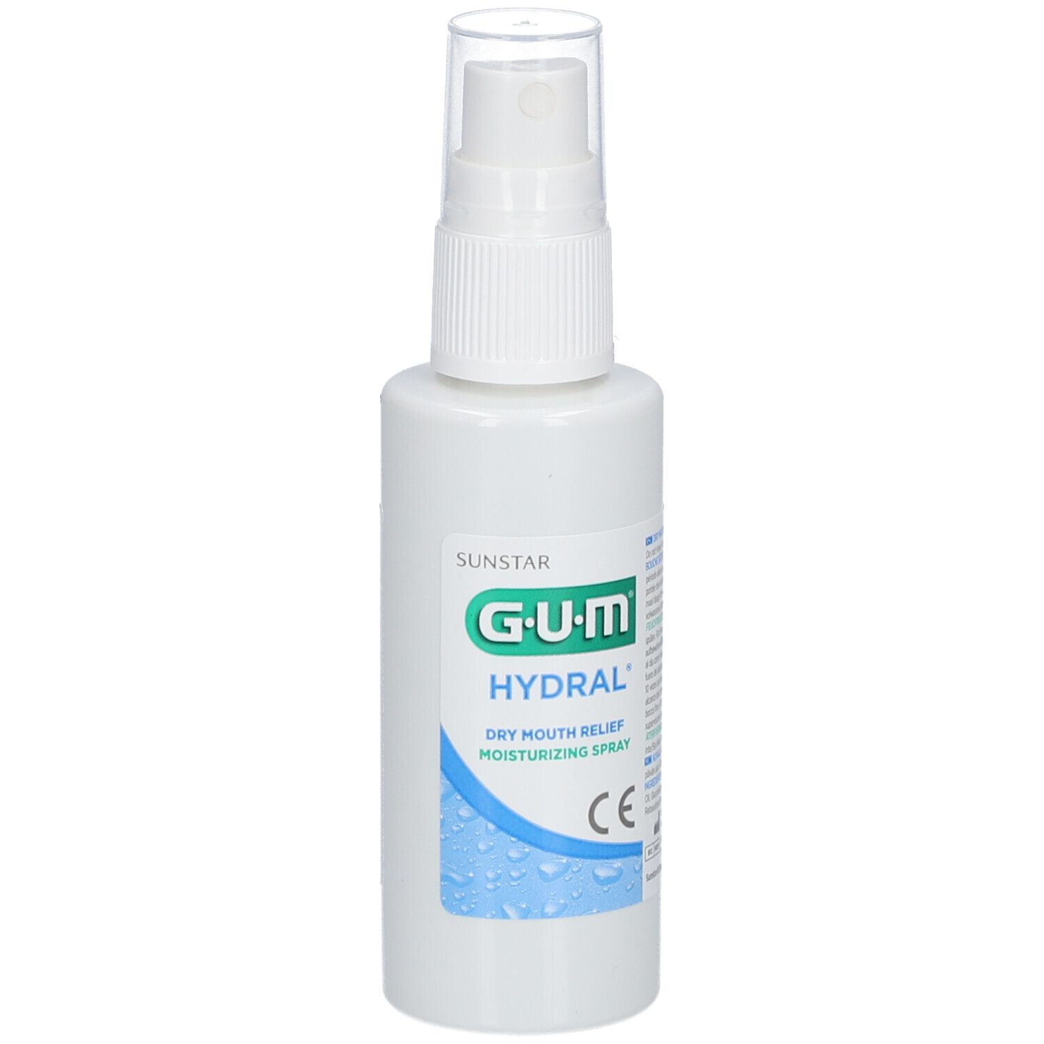 Weißes Sprayfläschchen mit Sprühkopf. Aufschrift G.U.M HYDRAL, Dry Mouth Relief, Moisturizing Spray. CE-Zeichen.