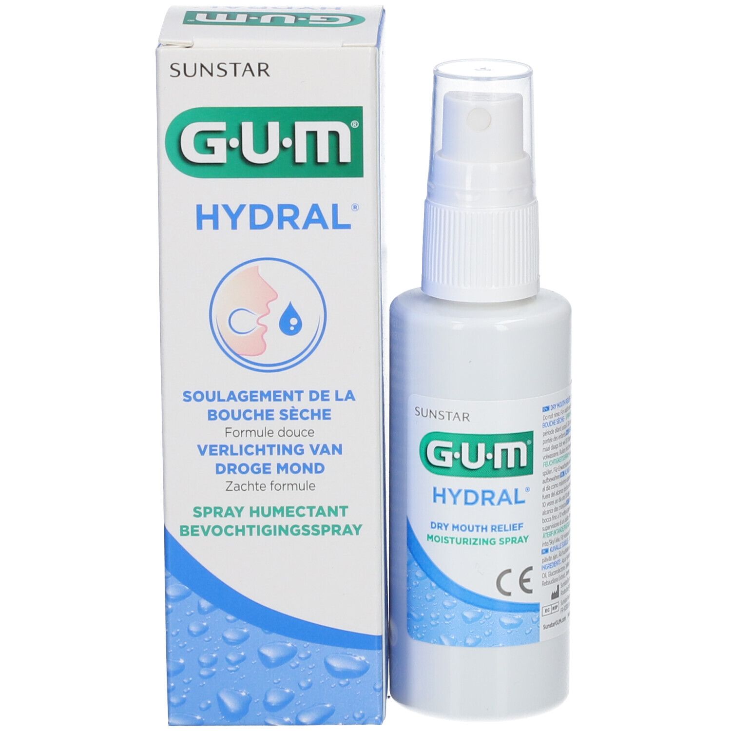 Produkt und Verpackung. Weißes Sprayfläschchen und Karton. Aufschrift G.U.M HYDRAL. Texte in mehreren Sprachen.