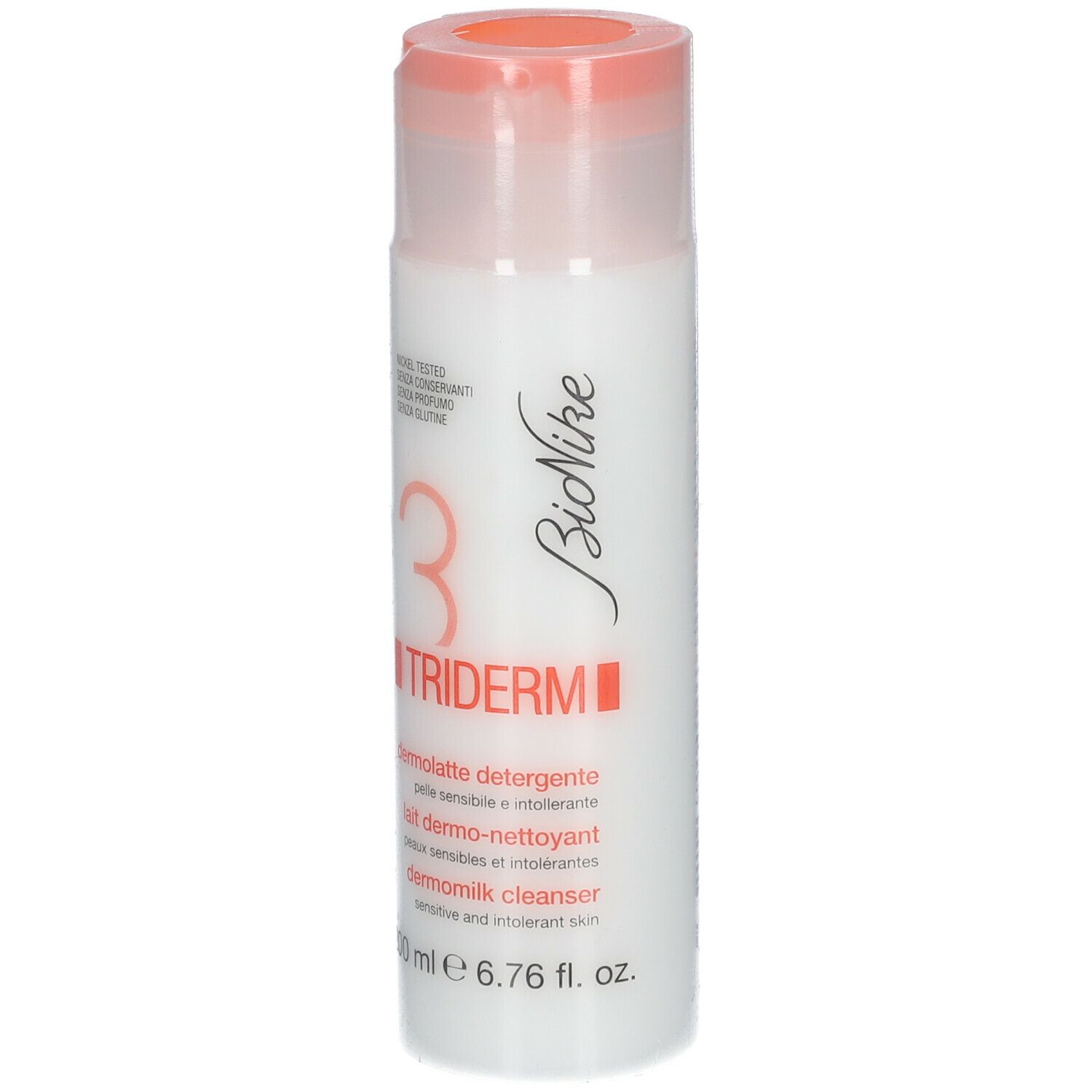 Weiße Flasche mit rosa Deckel. Aufschrift: 3 TRIDERM, Bionike. 200 ml.