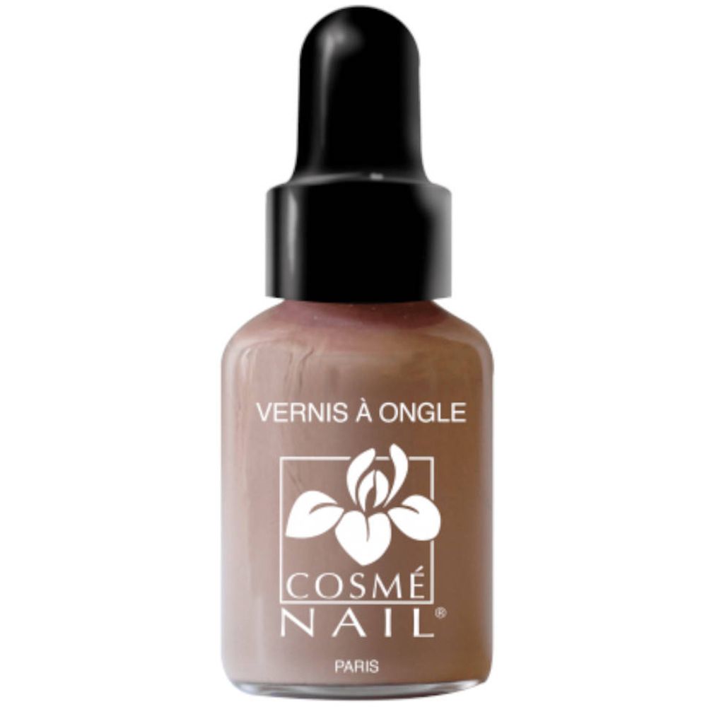 Nagellackflasche mit schwarzem Deckel und Pipette. Aufschrift: Vernis à Ongle, Cosmé Nail Paris. Farbe: Grège.