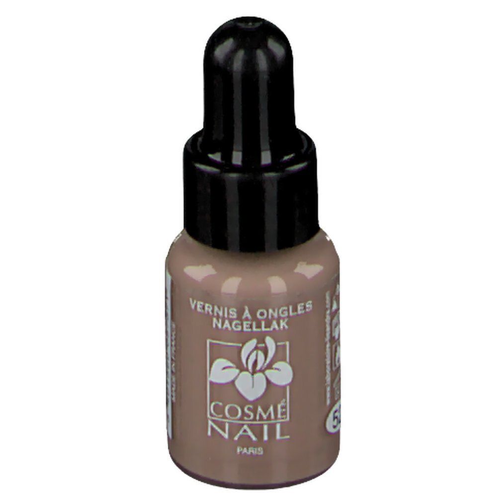 Nagellackflasche mit schwarzem Deckel und Pipette. Aufschrift: Vernis à Ongles Nagellak, Cosmé Nail Paris. Farbe: Grège.