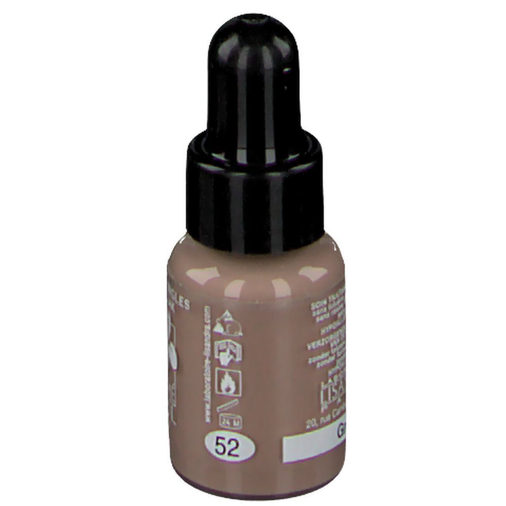 Nagellackflasche mit schwarzem Deckel und Pipette. Aufschrift: Vernis à Ongles, Nagellak. Farbe: 52 Grège. Auf der Rückseite Text.