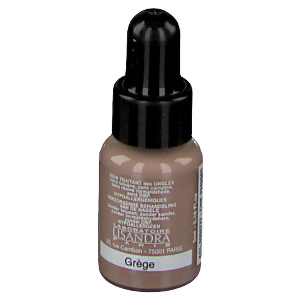 Nagellackflasche mit schwarzem Deckel und Pipette. Aufschrift: Lisandra Paris, Grège. Text: Soin Traitant des Ongles. Hypoallergen.