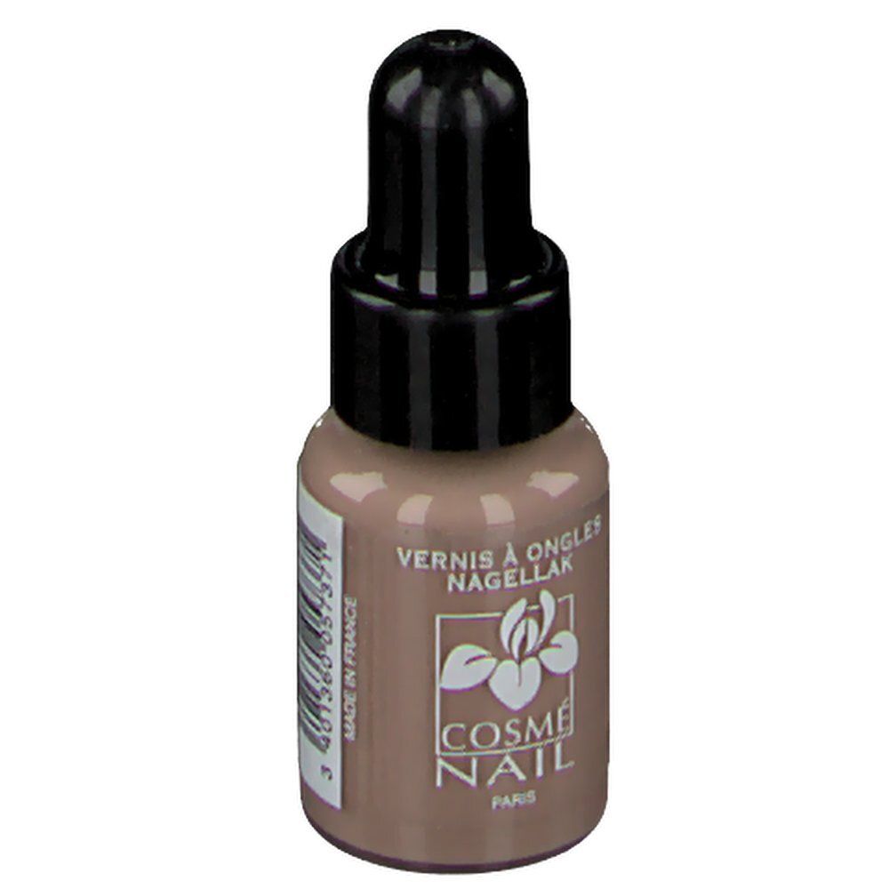 Nagellackflasche mit schwarzem Deckel und Pipette. Aufschrift: Vernis à Ongles Nagellak, Cosmé Nail Paris. Farbe: Grège. Barcode.
