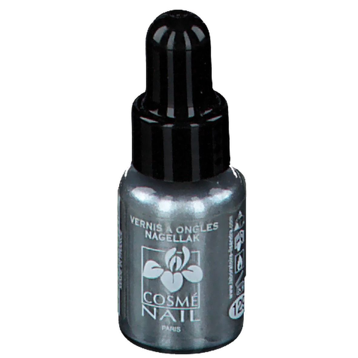 Nagellackflasche mit schwarzem Verschluss. Aufschrift: COSMÈ NAIL PARIS. Farbton 129.