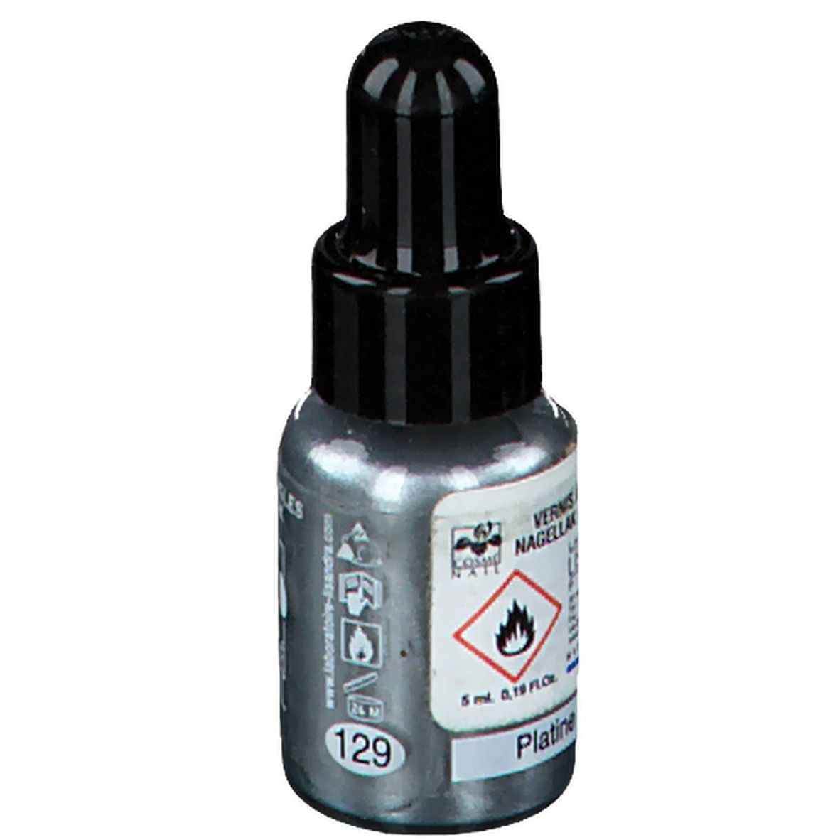 Nagellackflasche mit schwarzem Verschluss. Aufschrift: Vernis à ongles. Farbton: Platine. Volumen: 5 ml.