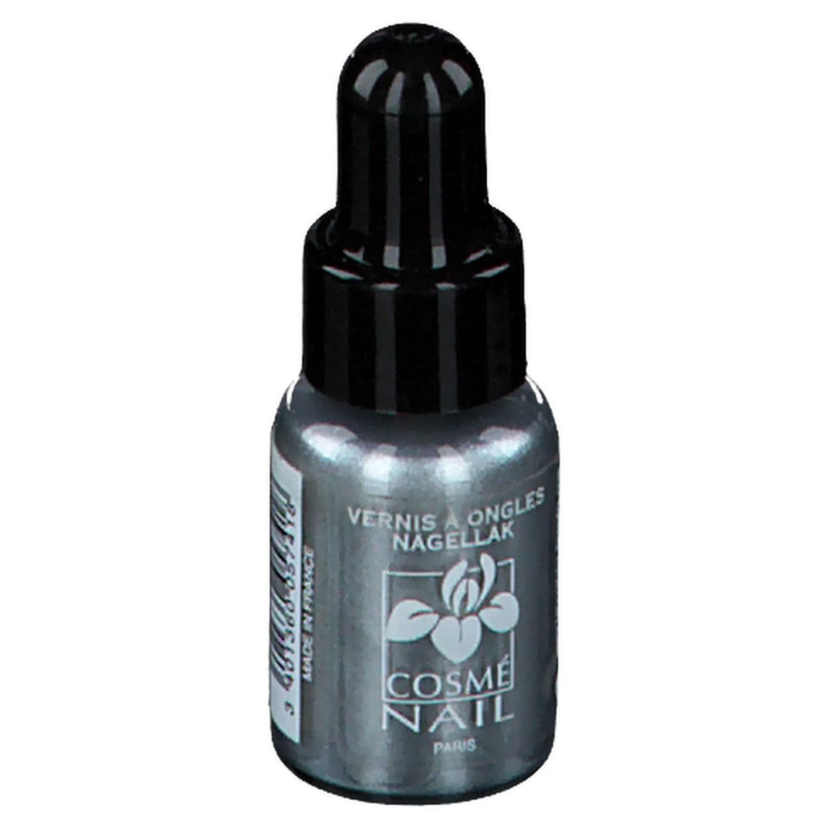 Nagellackflasche mit schwarzem Verschluss. Aufschrift: COSMÈ NAIL PARIS. Farbton 129.