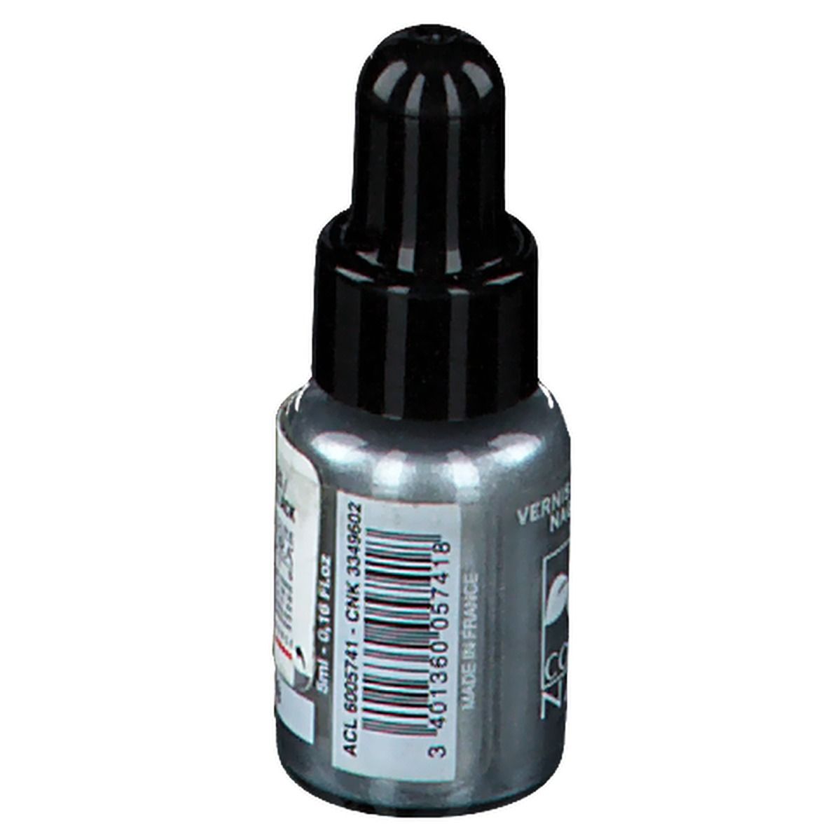 Nagellackflasche mit schwarzem Verschluss. Aufschrift: Vernis à ongles. Volumen: 5ml. Barcode.