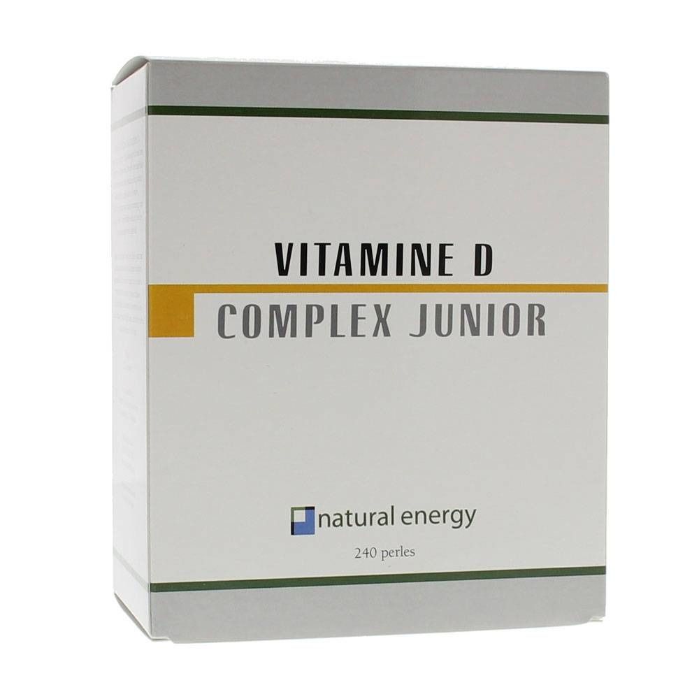 Weißer Karton mit Aufschrift 'VITAMINE D COMPLEX JUNIOR' und 'natural energy'. Enthält 240 Perlen.