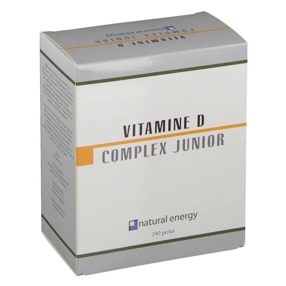 Karton mit 'VITAMINE D COMPLEX JUNIOR' und 'natural energy'. Grauer Deckel, gelber Streifen. 240 Perlen.