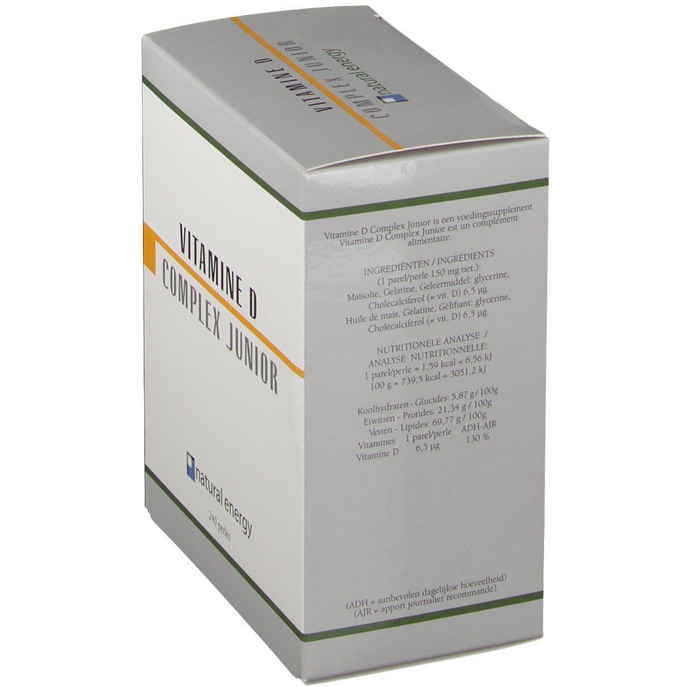 Karton, Seitenansicht. 'VITAMINE D COMPLEX JUNIOR' und 'natural energy'. Enthält Informationen zu Inhaltsstoffen und Nährwerten.
