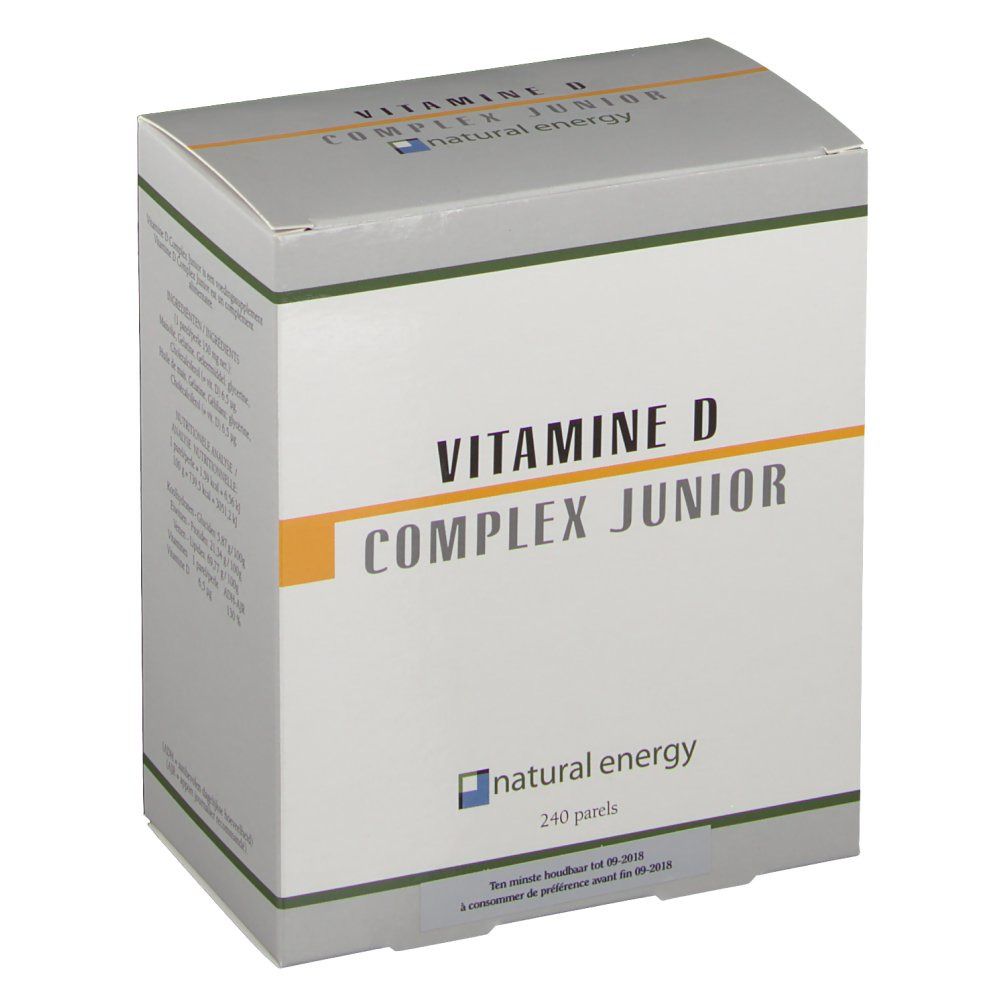 Karton mit 'VITAMINE D COMPLEX JUNIOR' und 'natural energy'. Gelber Streifen, 240 Perlen. Grauer Deckel.